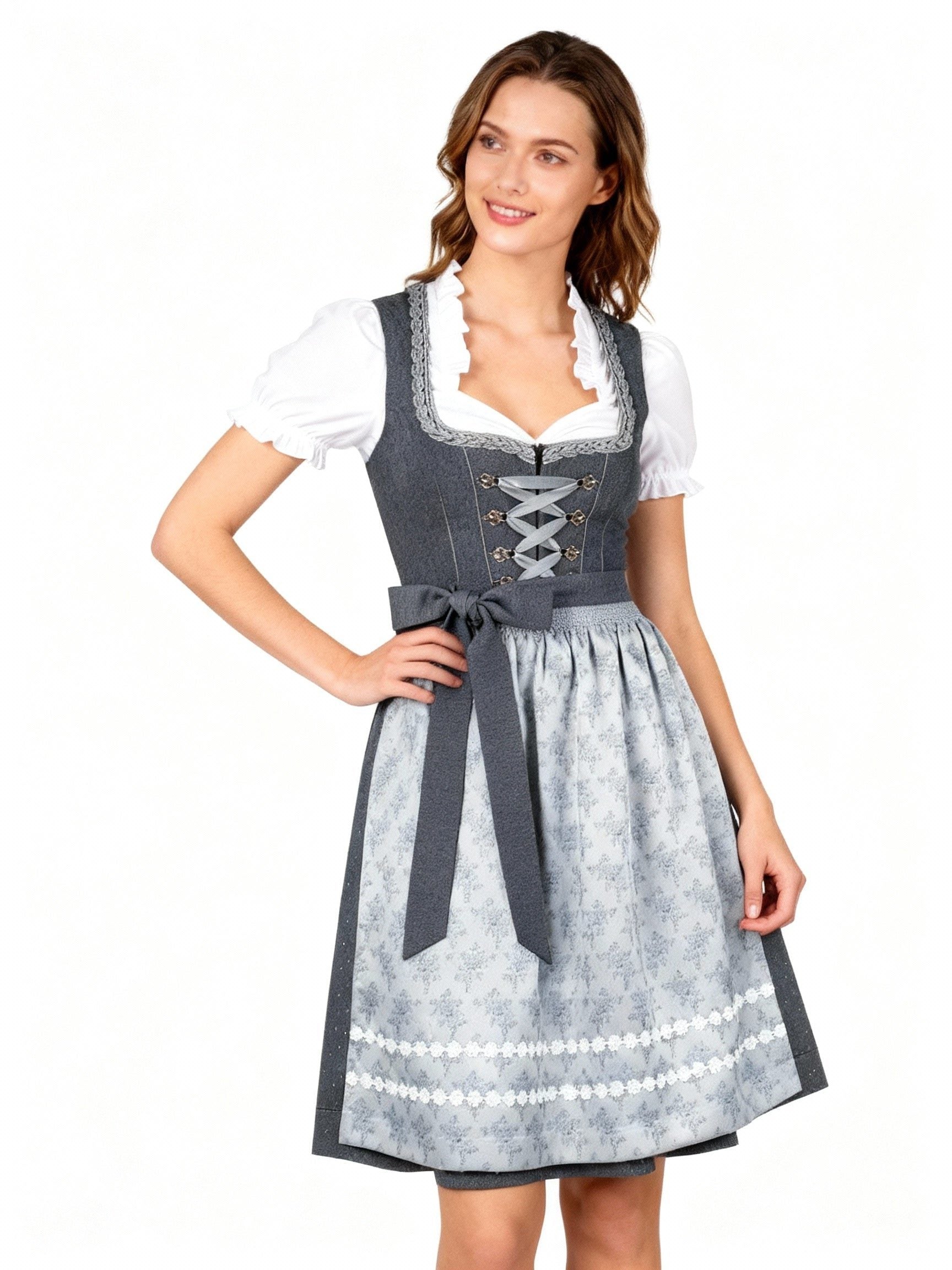 Dirndl med Snørebånd og Blomstret Forklæde til Damer - Mørkegrå