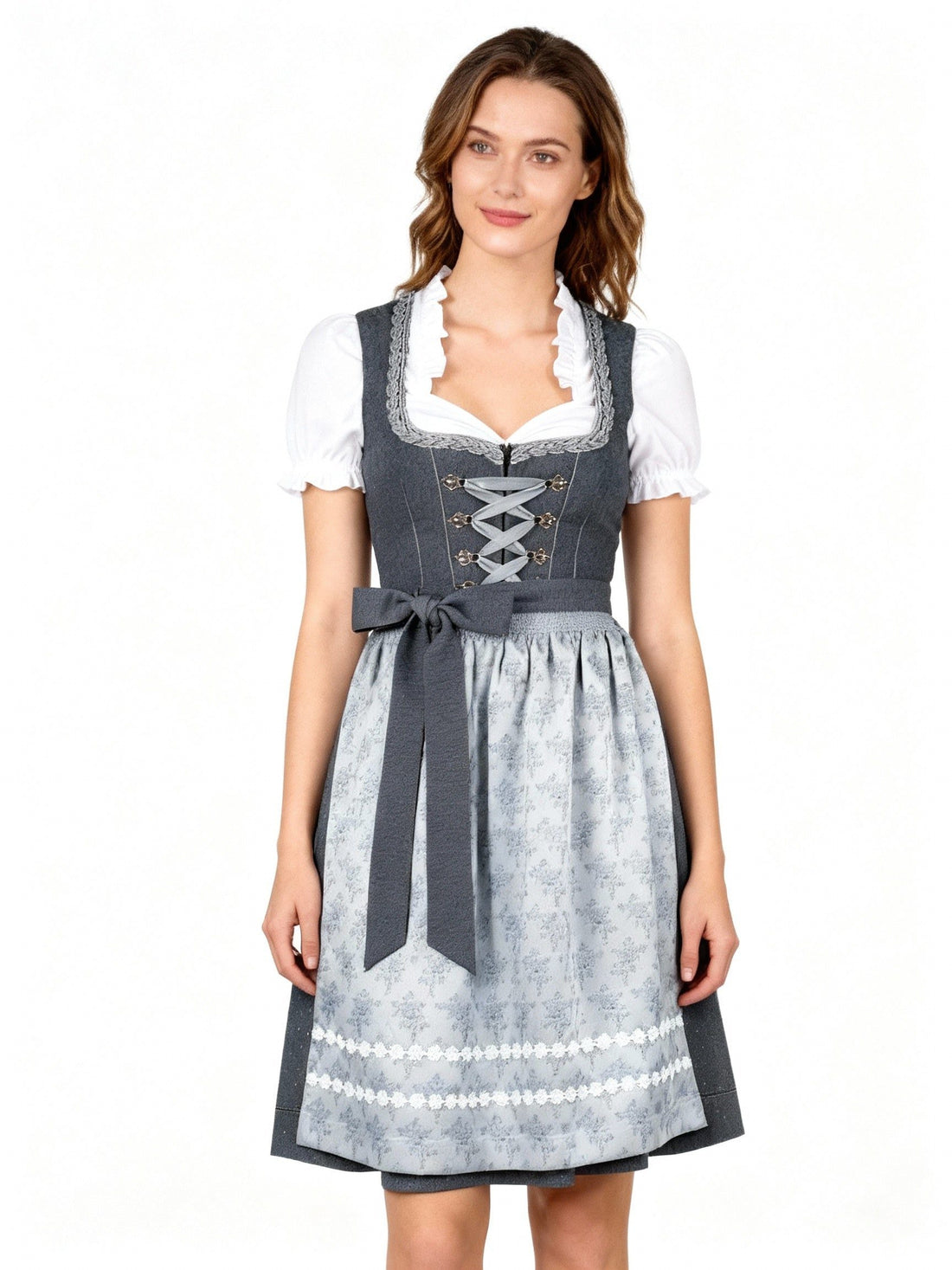 Dirndl med Snørebånd og Blomstret Forklæde til Damer