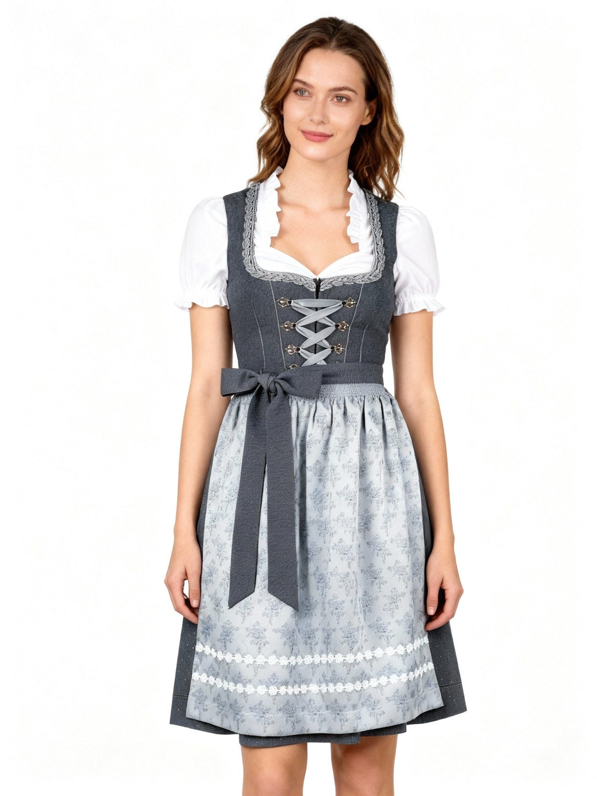 Dirndl med Snørebånd og Blomstret Forklæde til Damer