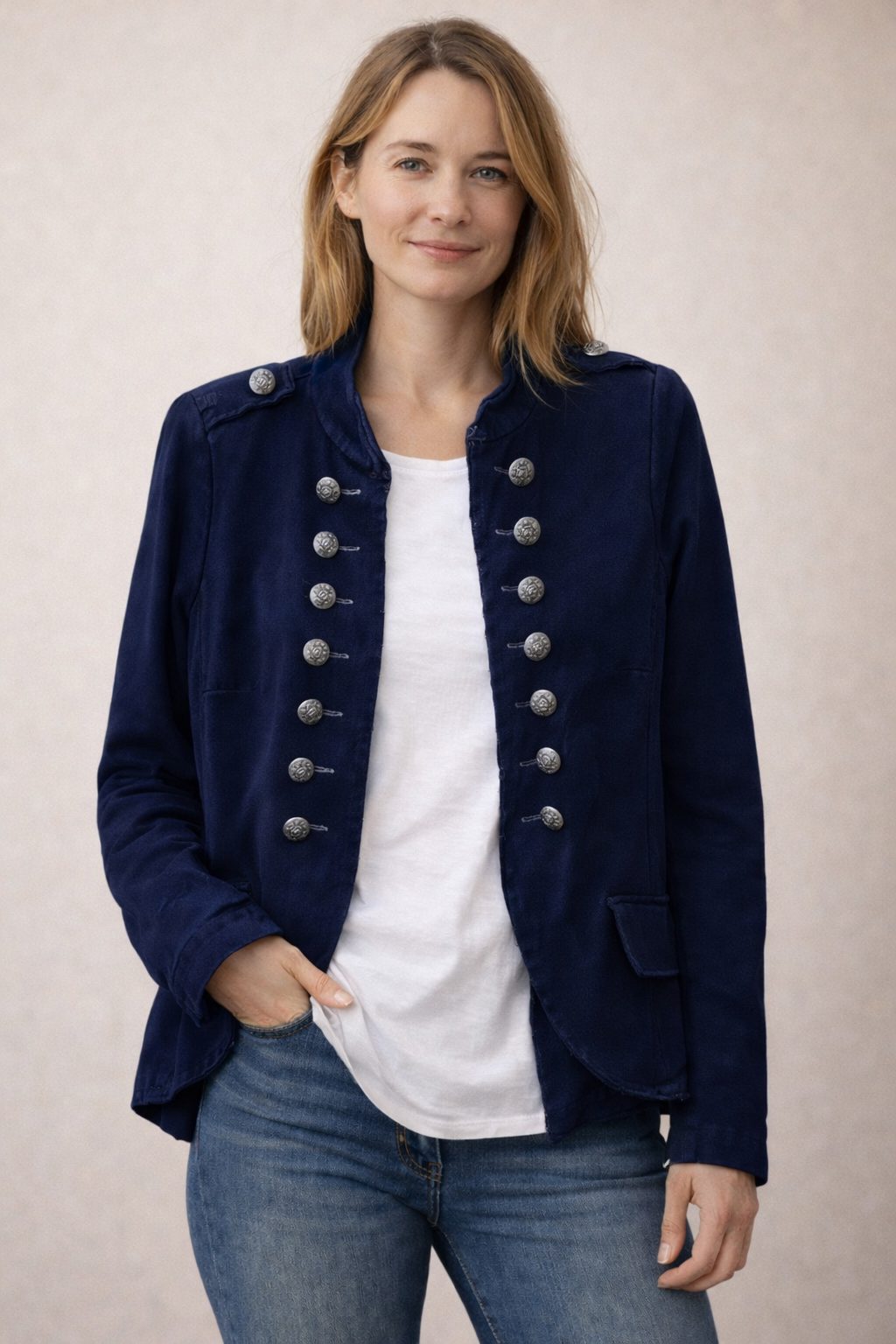 Dobbeltradet Militærstil Blazer til Damer - Mørkeblå