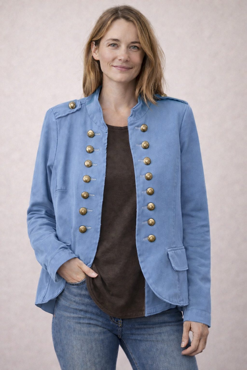 Dobbeltradet Militærstil Blazer til Damer - Himmelblå