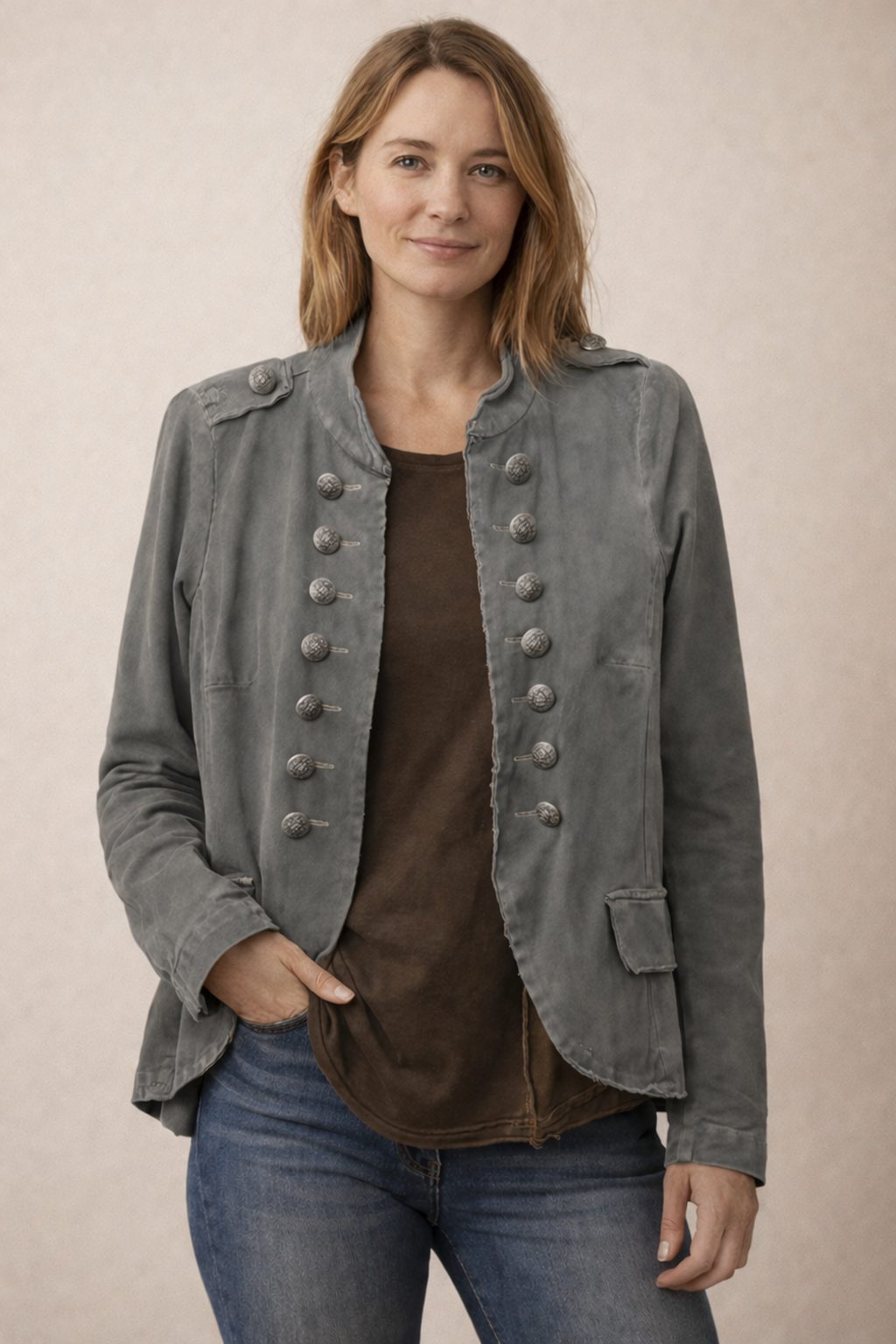 Dobbeltradet Militærstil Blazer til Damer