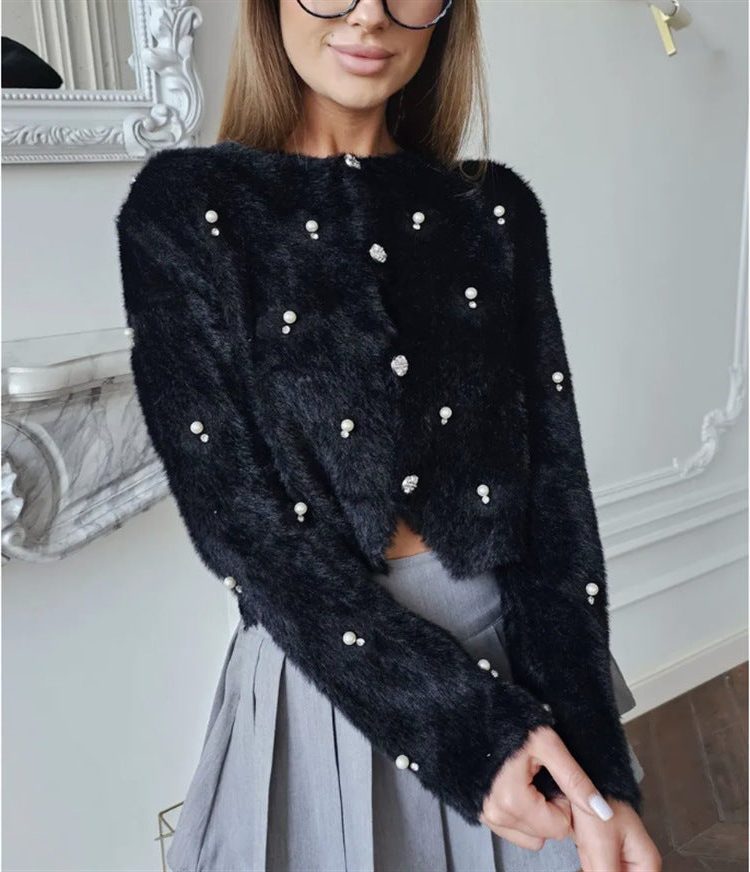Fluffy Cardigan med Dekorative Knapper til Damer - Sort