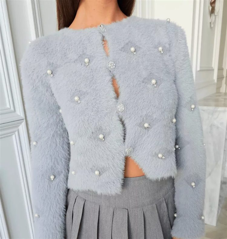Fluffy Cardigan med Dekorative Knapper til Damer - Grå