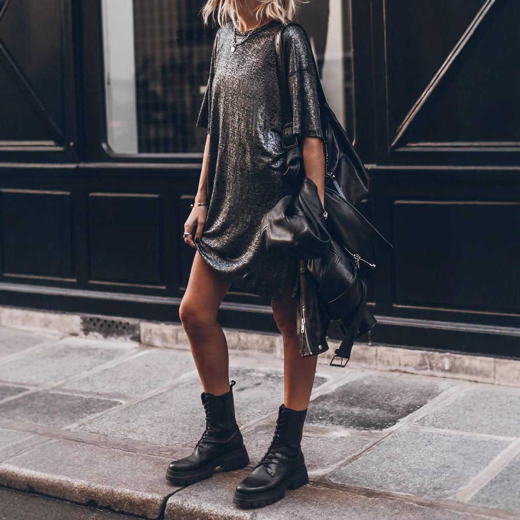 Glitter Oversize Kjole med Slids til Damer