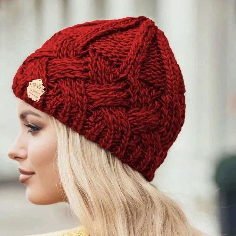 Kabelstrikket Beanie til Damer - Rød