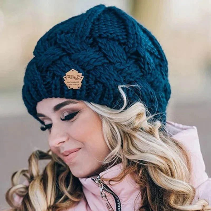 Kabelstrikket Beanie til Damer - Blå