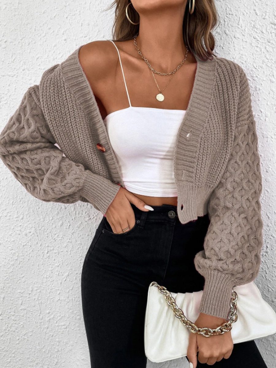 Kabelstrikket Cardigan med V-hals til Damer - Khaki