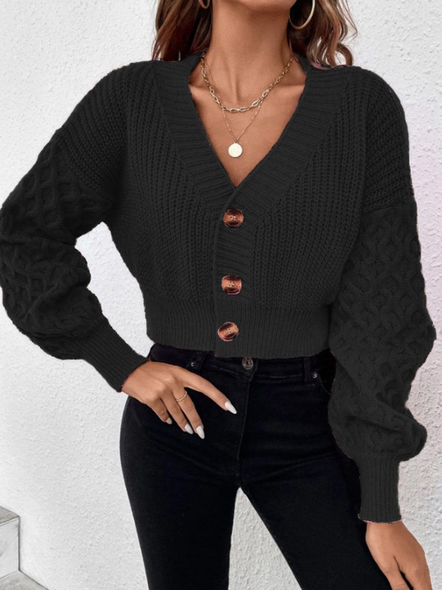 Kabelstrikket Cardigan med V-hals til Damer - Sort