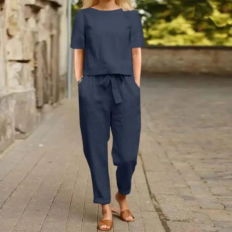 Kortærmet Jumpsuit-Sæt med Bindebånd til Damer