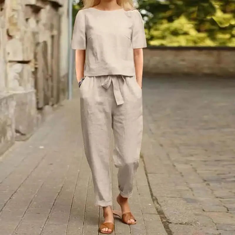 Kortærmet Jumpsuit-Sæt med Bindebånd til Damer