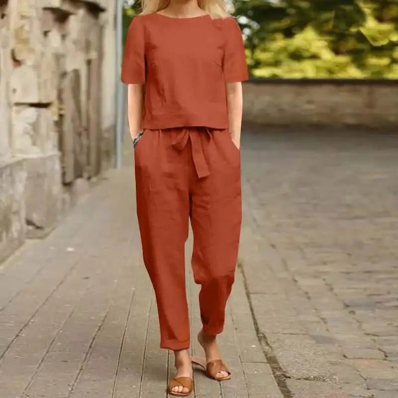 Kortærmet Jumpsuit-Sæt med Bindebånd til Damer