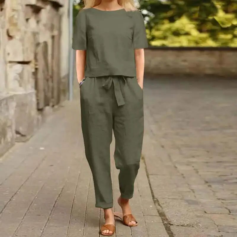 Kortærmet Jumpsuit-Sæt med Bindebånd til Damer