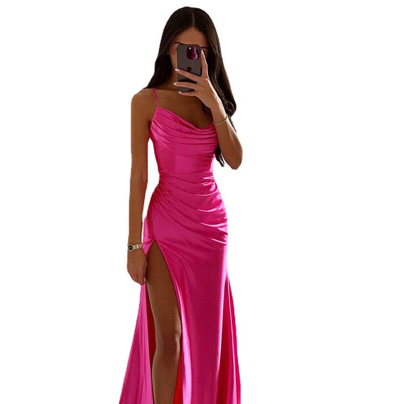 Lang Aftenkjole med Slids og Drapering til Damer - Fuchsia
