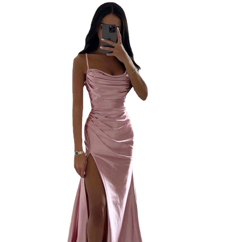 Lang Aftenkjole med Slids og Drapering til Damer - Pink