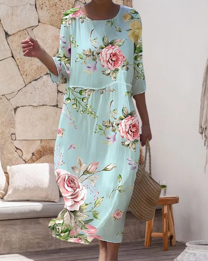 Lang Blomsterkjole med Trekvart Ærmer til Damer