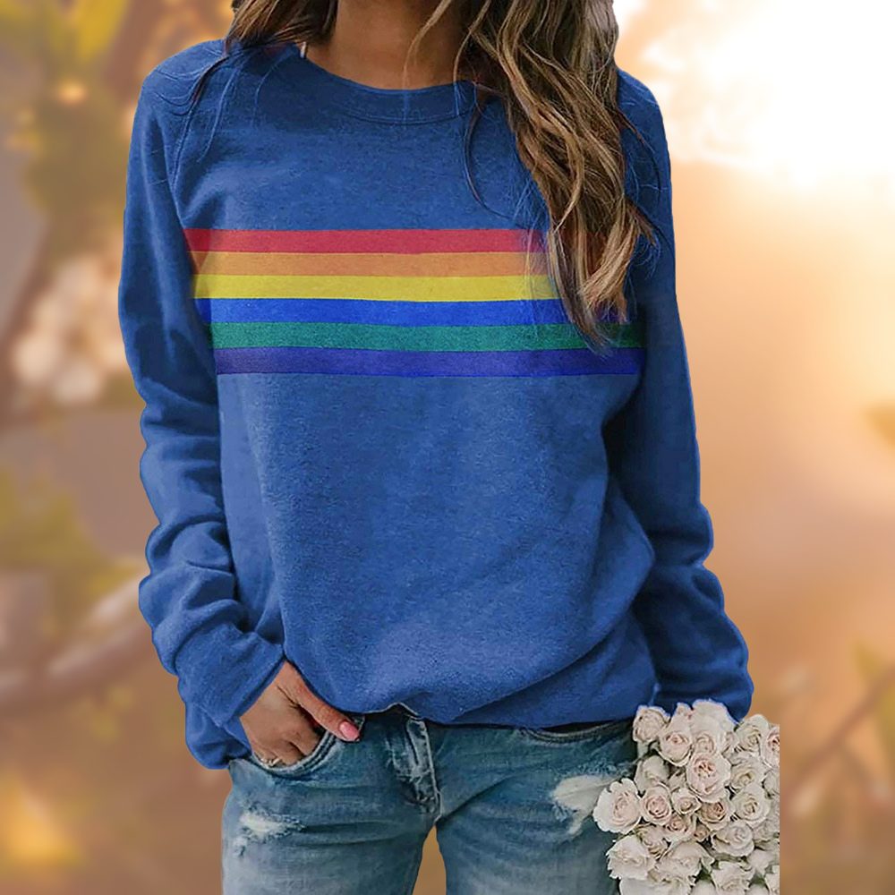 Løs Pasform Sweatshirt med Regnbuemotiv til Damer - Blå
