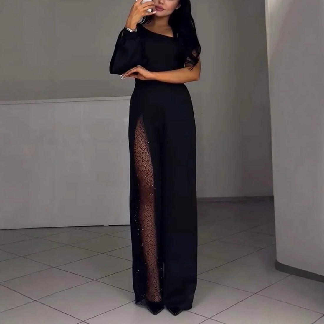 Maxi Jumpsuit med Pailletter og Transparente Indsatser til Damer