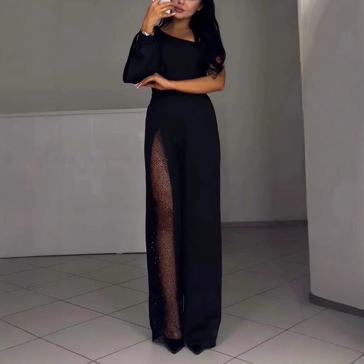 Maxi Jumpsuit med Pailletter og Transparente Indsatser til Damer