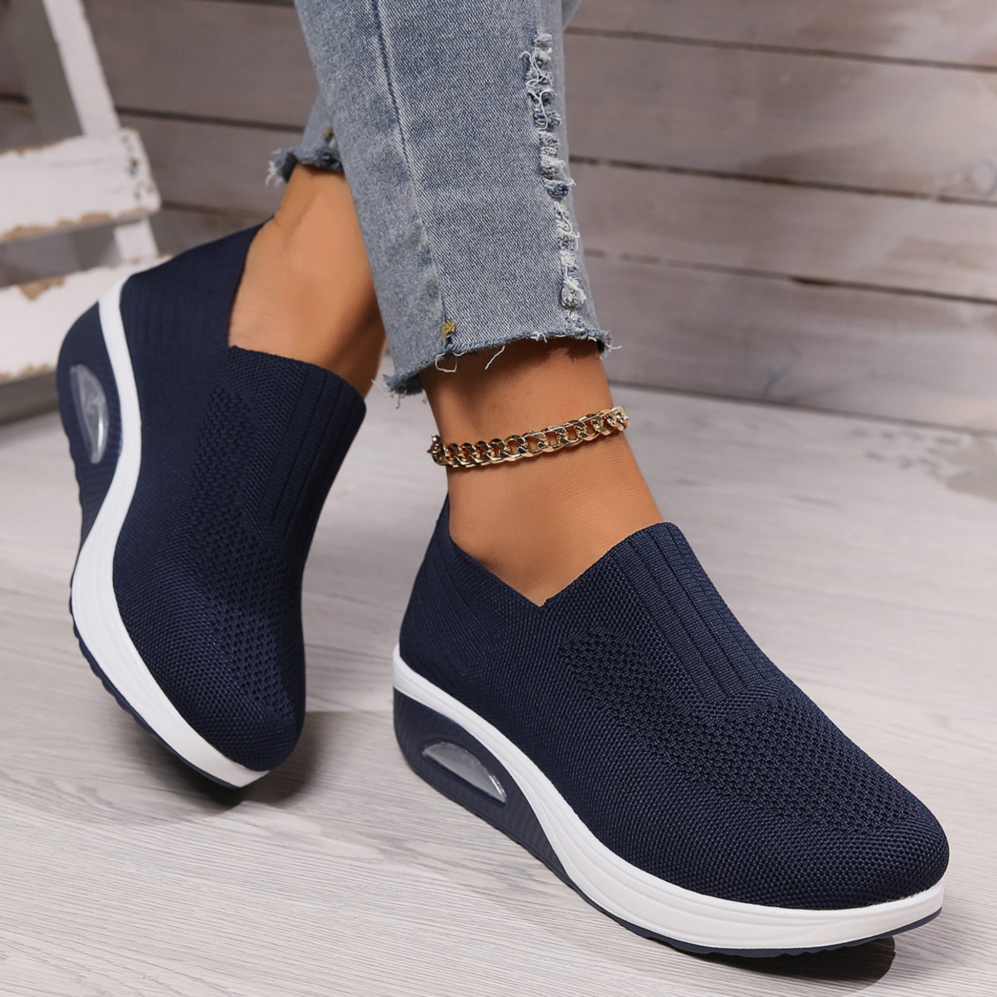 Mesh Slip-On Sneakers med Kilehæl til Damer - Mørkeblå
