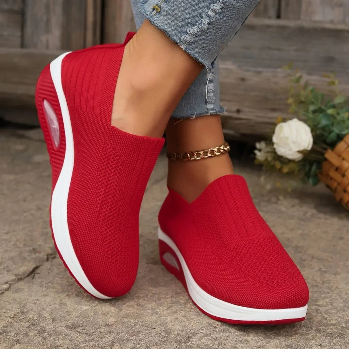 Mesh Slip-On Sneakers med Kilehæl til Damer - Rød