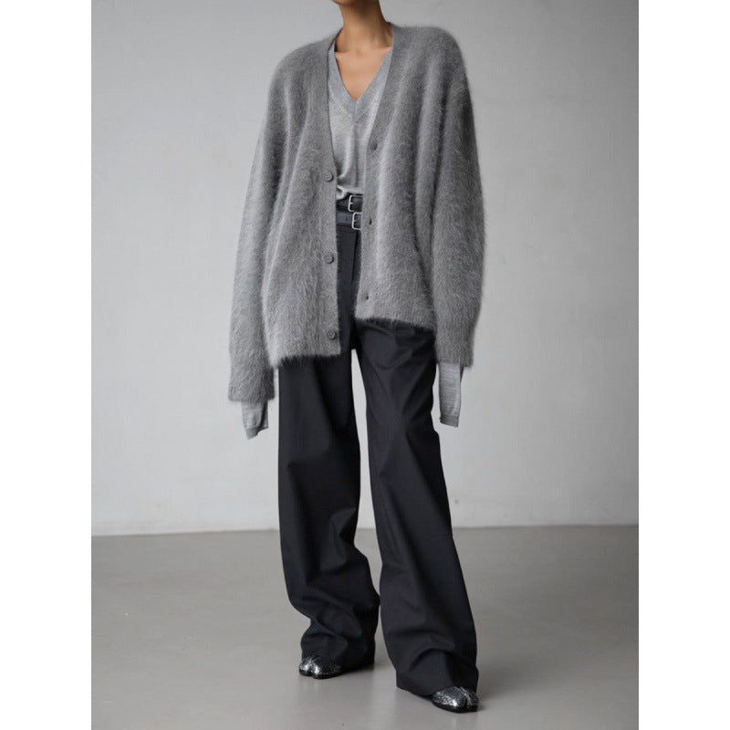 Mohair Cardigan med Knapper til Damer - Mørkegrå