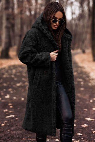Oversized Teddyfrakke med Hætte til Damer - Sort