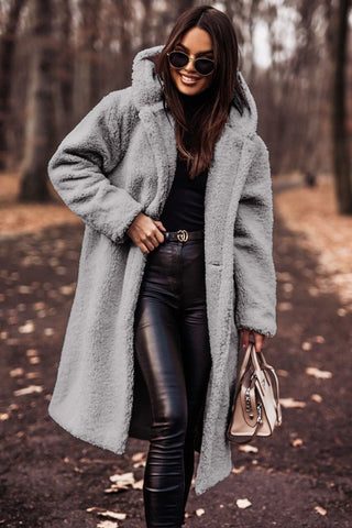 Oversized Teddyfrakke med Hætte til Damer - Grå