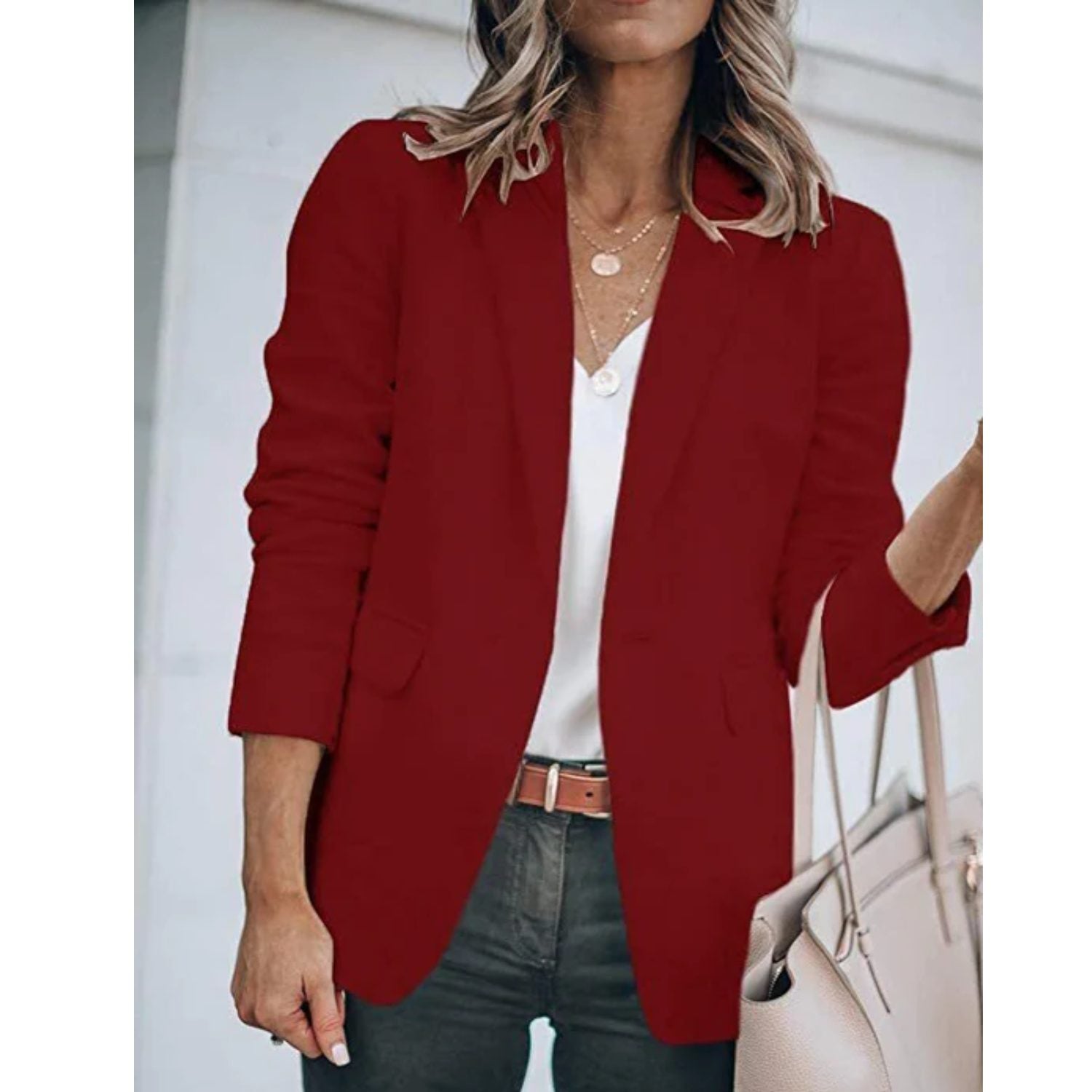 Oversized Blazer med Lange Ærmer til Damer - Mørkerød