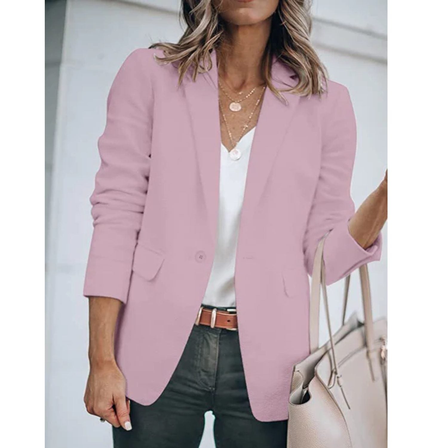Oversized Blazer med Lange Ærmer til Damer - Rosa