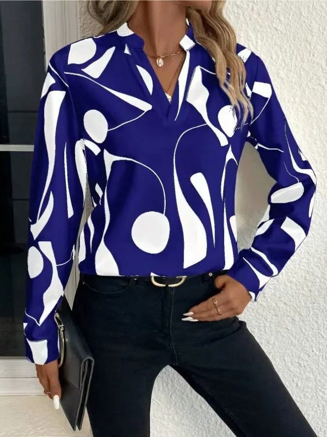 Grafisk Mønstret Oversized Bluse til Damer - Blå