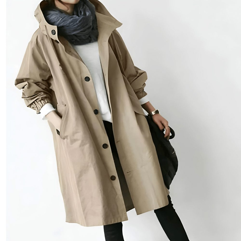 Oversized Frakke med Hætte og Knapper til Damer - Khaki