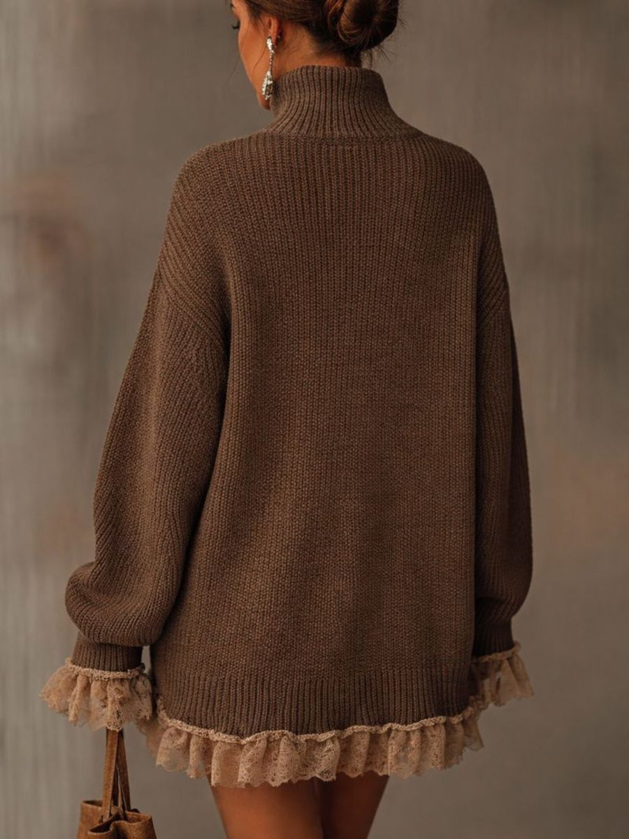 Oversized Strikket Kjole med Rullekrave og Blondekant til Damer - View 3