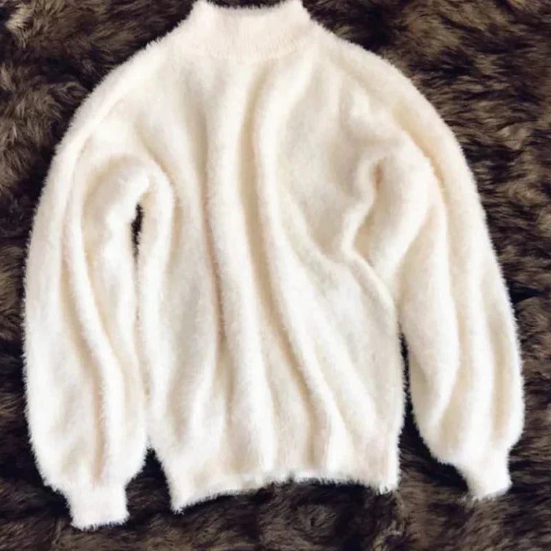 Oversized Striktrøje med Rullekrave til Damer - Creme