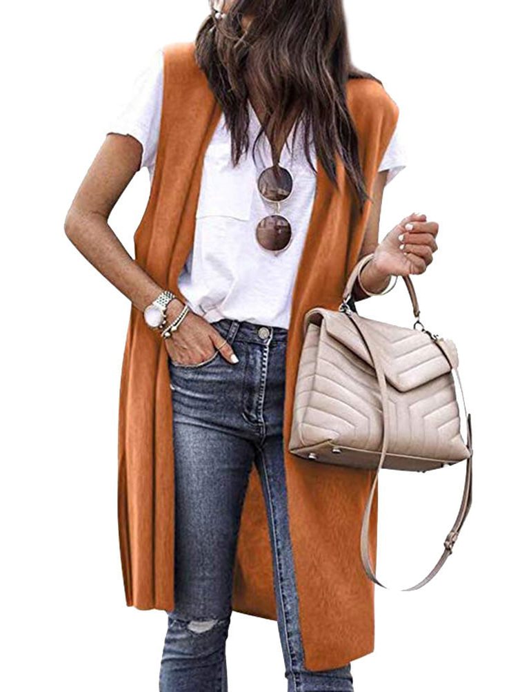 Oversized Strikvest med Åbne Fronter til Damer - Orange