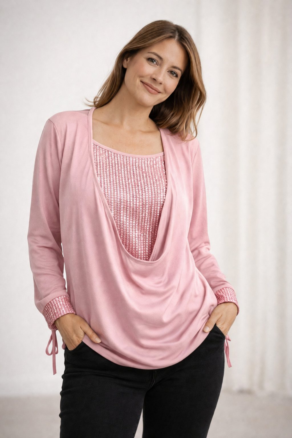 Paillet Bluse med Lange Ærmer til Damer - Rosa