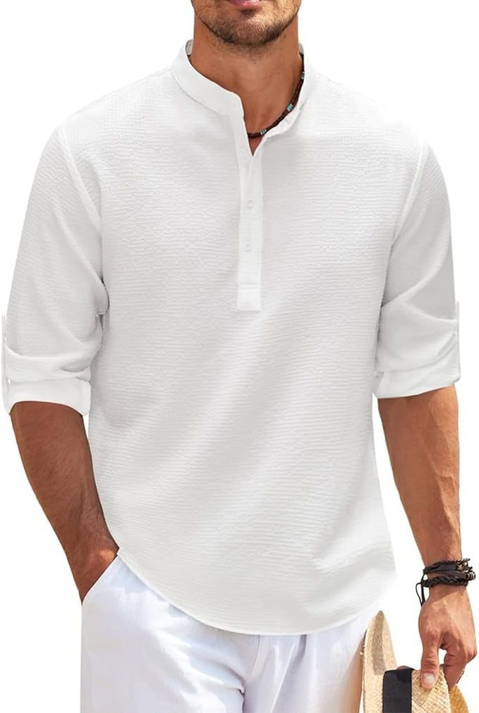 Ribbet Henley-Skjorte med Lange Ærmer til Herrer - Hvid