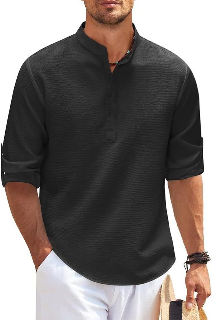 Ribbet Henley-Skjorte med Lange Ærmer til Herrer - Sort