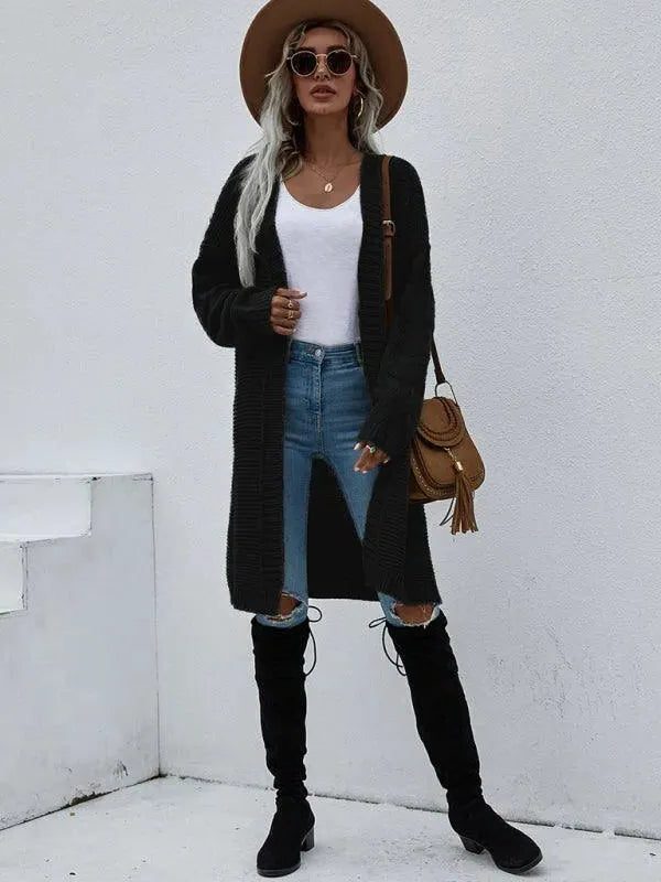 Ribstrikket Lang Cardigan til Damer
