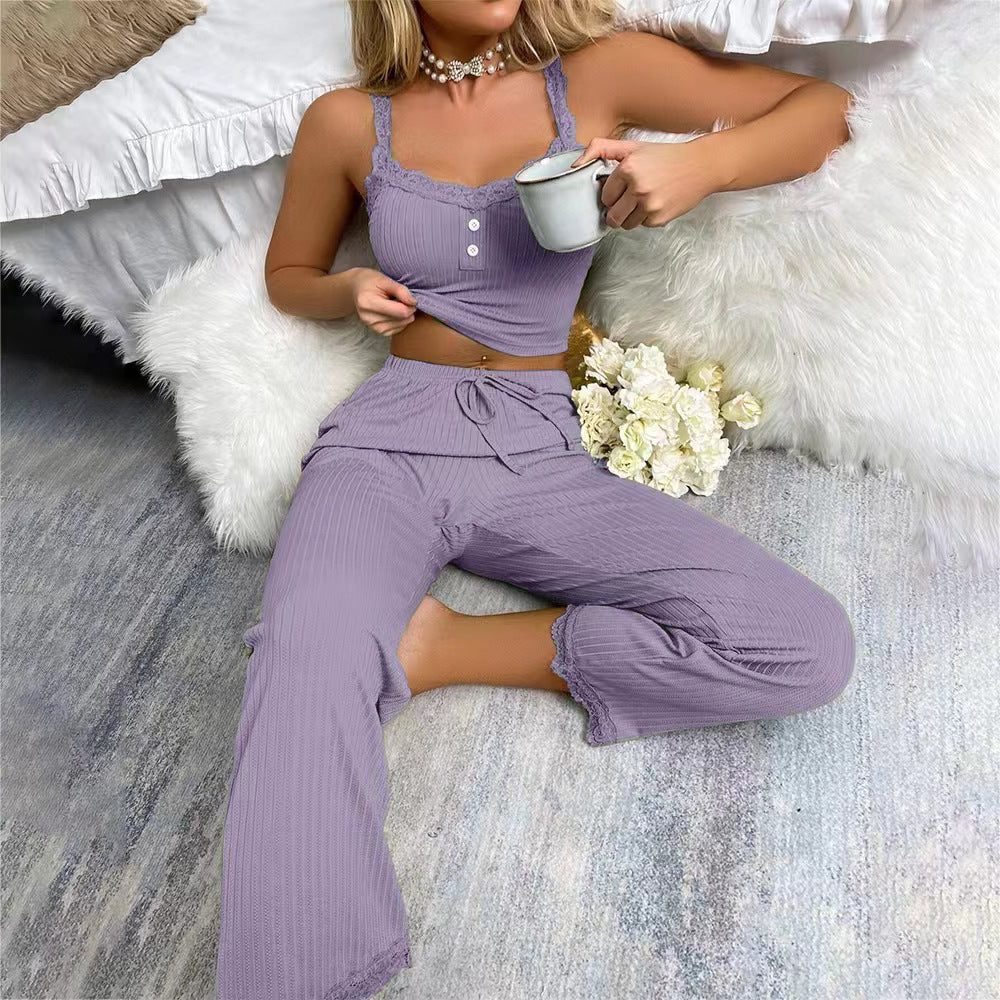 Ribstrikket Pyjamassæt med Blondekanter til Damer