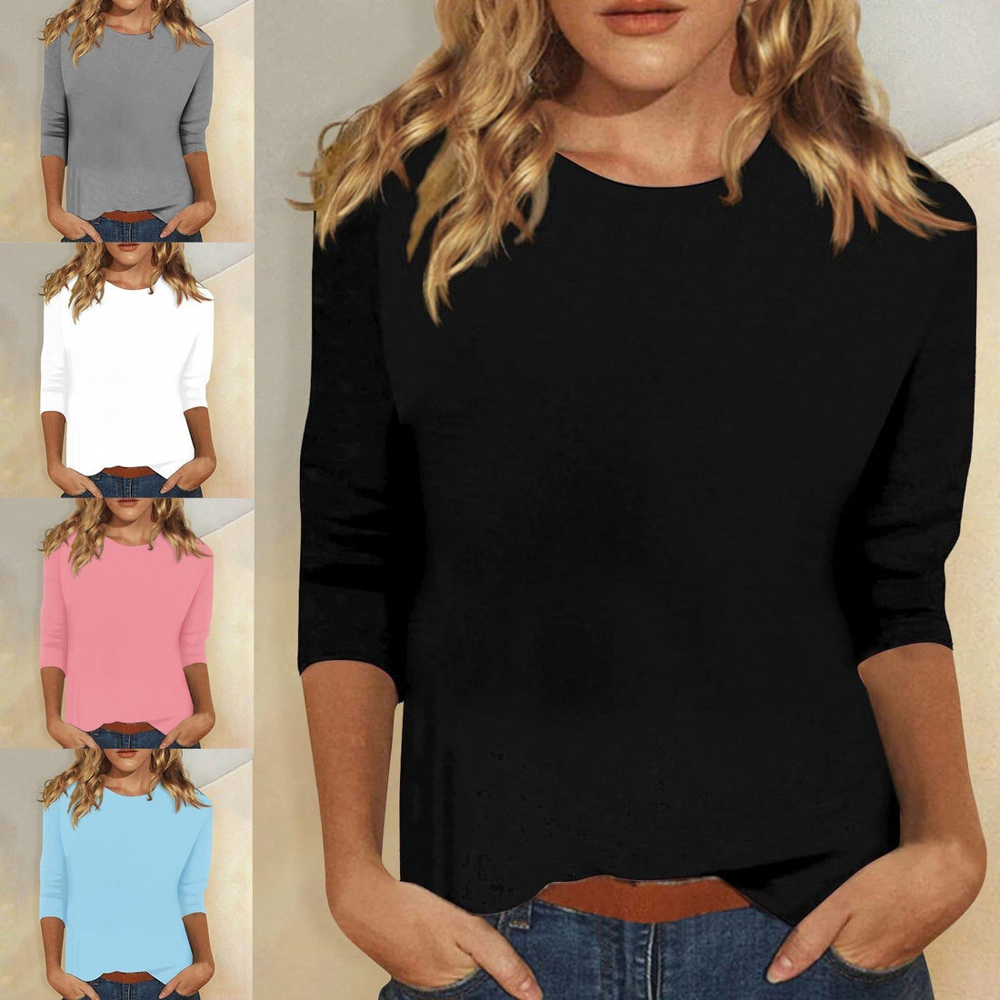 Rund Hals T-shirt med Trekvart Ærmer til Damer