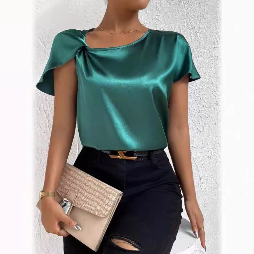 Satin Bluse med Kort Ærme og Drapering til Damer