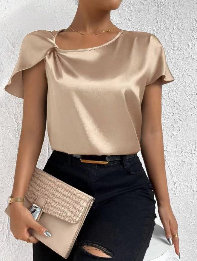 Satin Bluse med Kort Ærme og Drapering til Damer - Champagnfarve