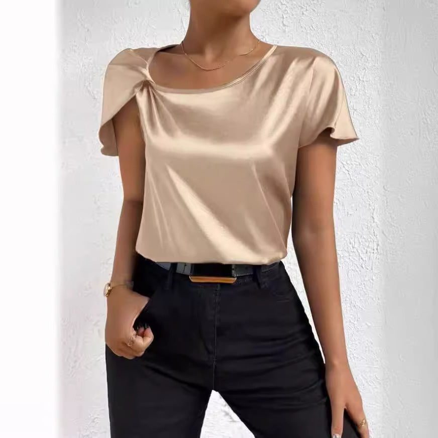 Satin Bluse med Kort Ærme og Drapering til Damer