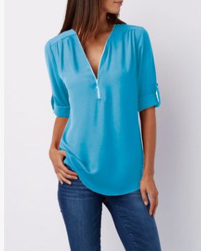 Skjorte med V-Hals og Korte Ærmer til Damer