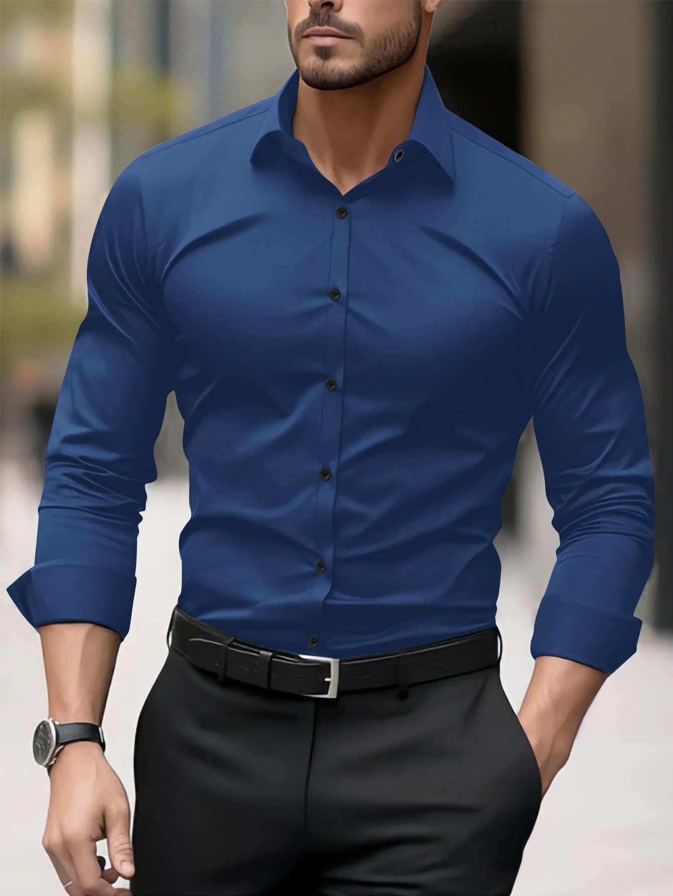 Slim Fit Skjorte med Lange Ærmer til Herrer - Blå