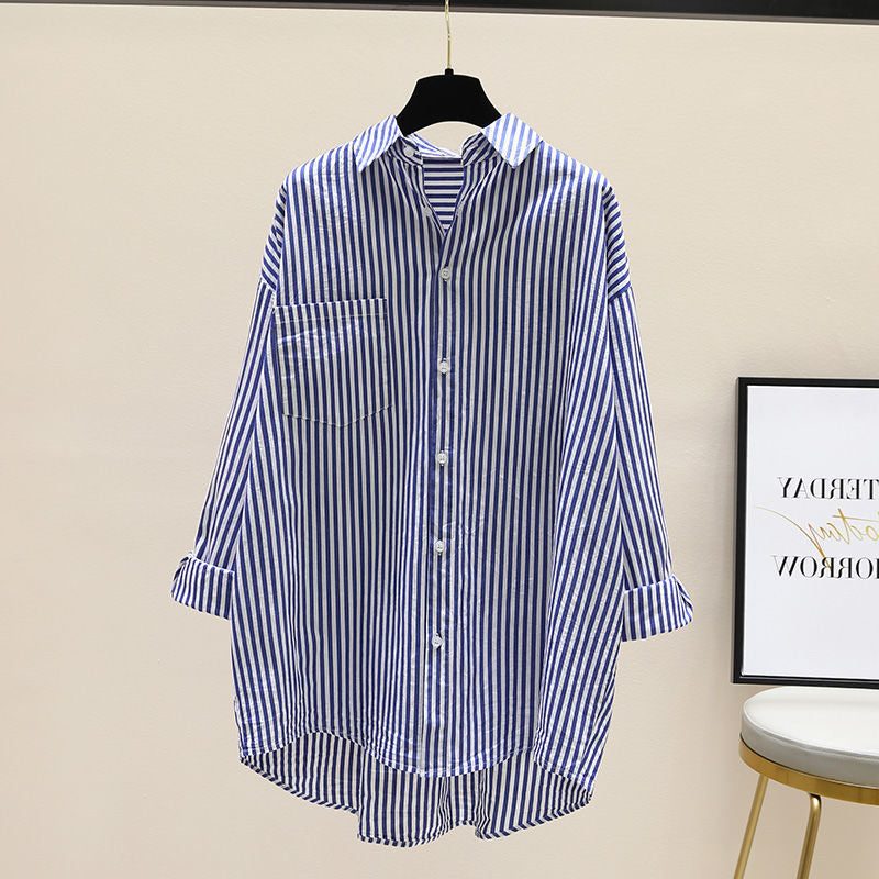 Stribet Oversized Skjorte med Brystlomme til Damer
