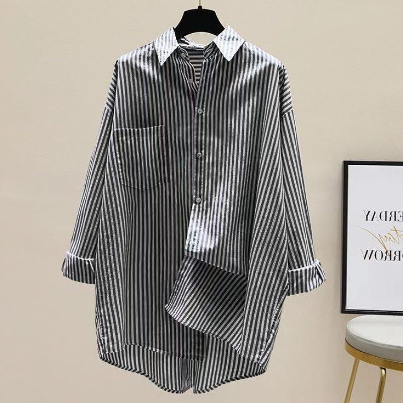 Stribet Oversized Skjorte med Brystlomme til Damer