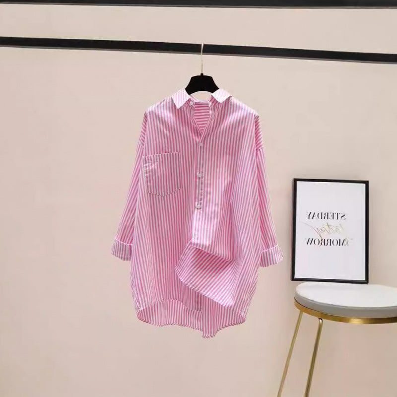 Stribet Oversized Skjorte med Brystlomme til Damer
