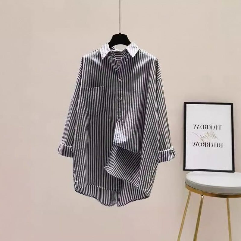 Stribet Oversized Skjorte med Brystlomme til Damer
